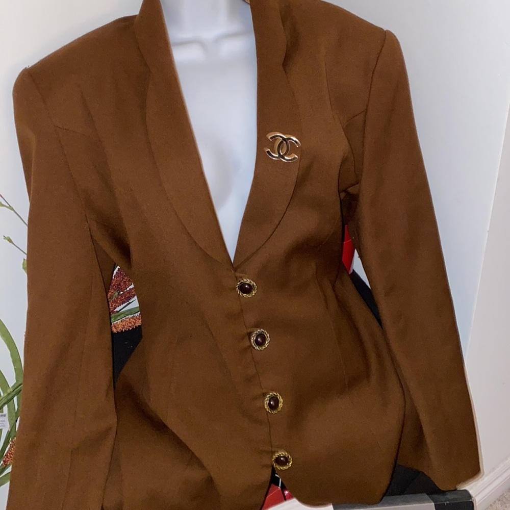 Vintage Brown Blazer with Gold-Tone CC Brooch